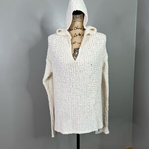 American Eagle Outfitters Cream V-Neck Sweater hooded open knit medium coastal